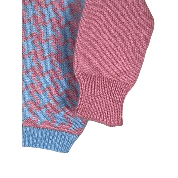 Vintage Houndstooth Hand Knit Baby Sweater Pink Cardigan Preppy Retro Two Tone - Picture 2 of 9